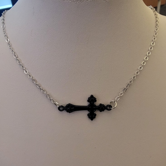 Black Cross Silver Choker Necklace - Picture 3 of 4